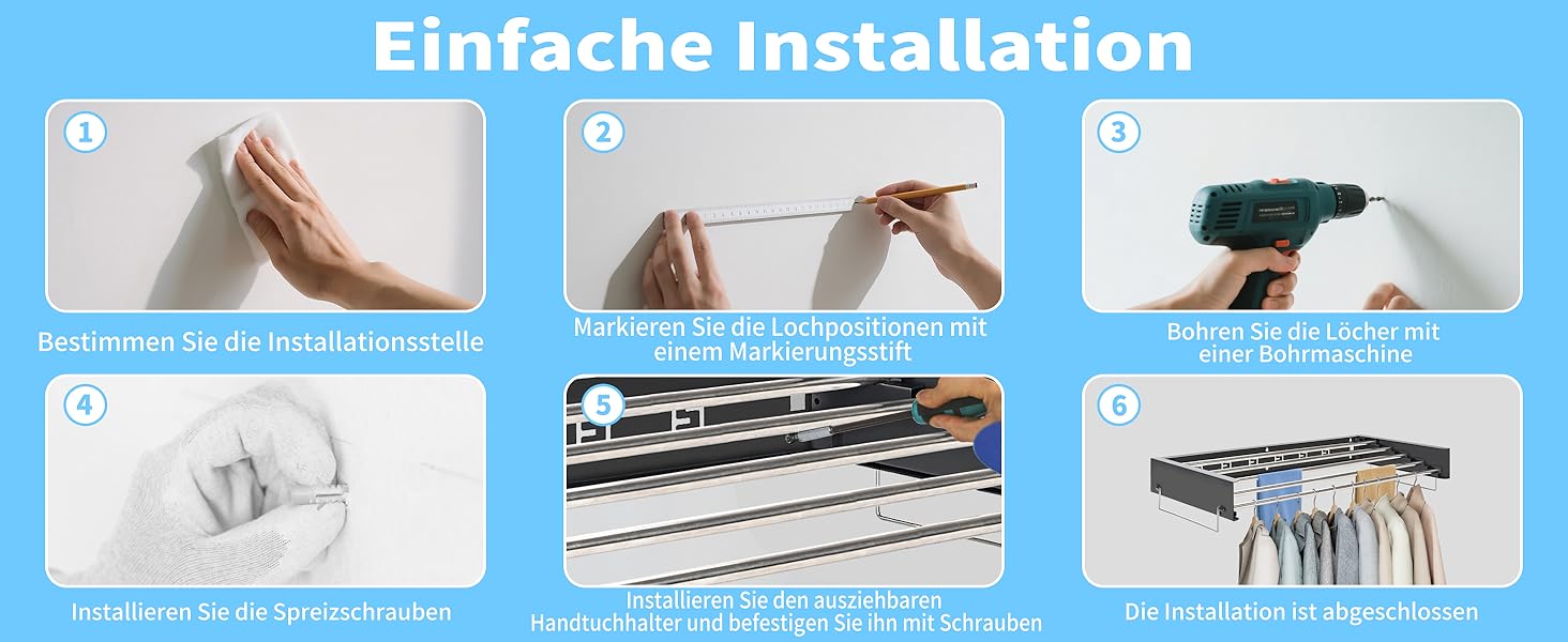 Настінний сушильник для білизни з 80 см штангами, 5 ліній сушіння, розкладний, для дому та вулиці, чорний, 80 см