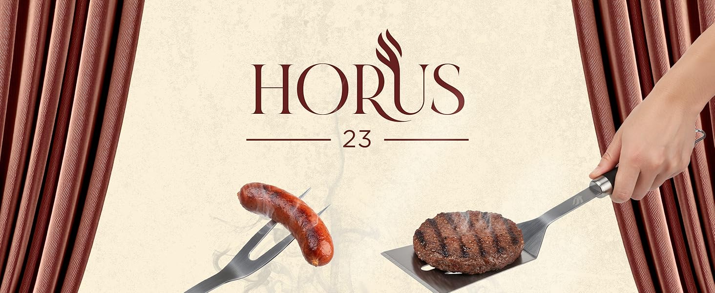 HORUS 23 Набір аксесуарів для гриля – 4 предметний набір: щипці, лопатка, виделка та термостійкий рукавичка