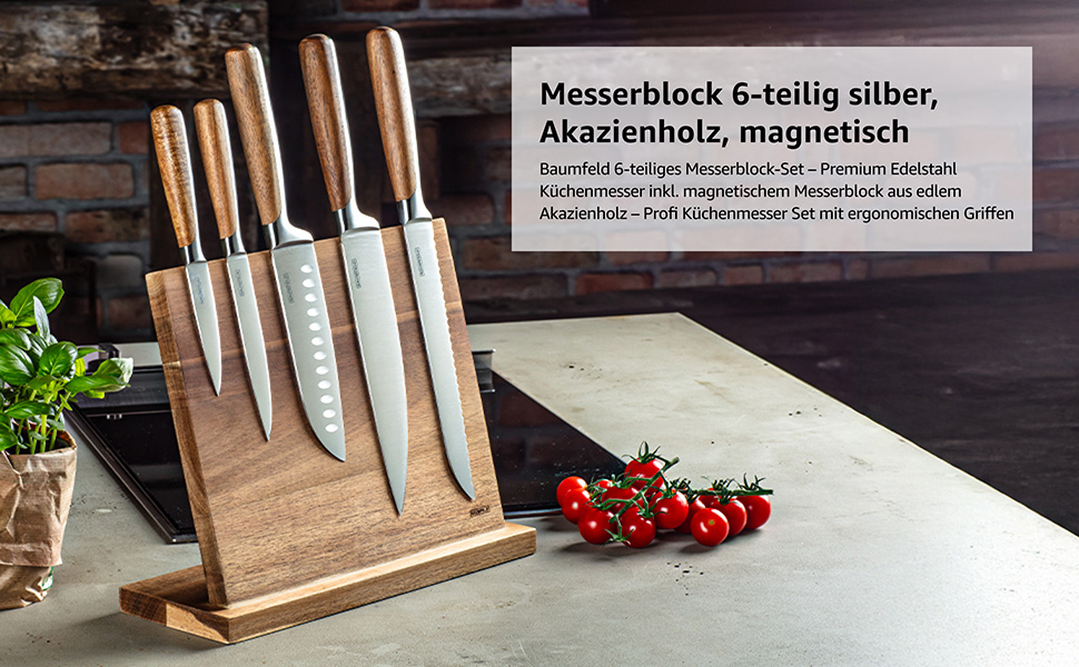 Baumfeld 6-Piece Knife Block Set - Premium Stainless Steel Kitchen Knives with Acacia Wood Magnetic Block - Professional Chef Knife Set