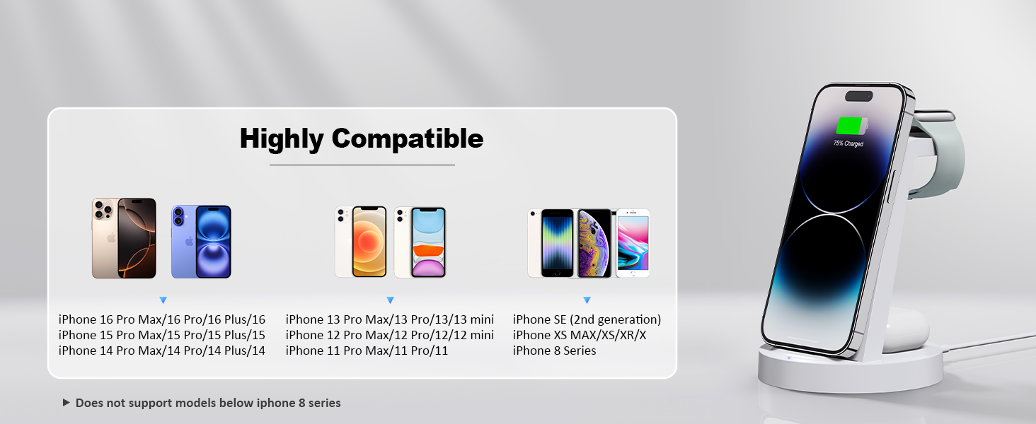 Зарядний станція 3 в 1 для iPhone з бездротовою зарядкою - сумісна з iPhone 16, 15, 14, 13, 12, 11, X, Pro, Max та Apple Watch, AirPods. 18W адаптер в комплекті.