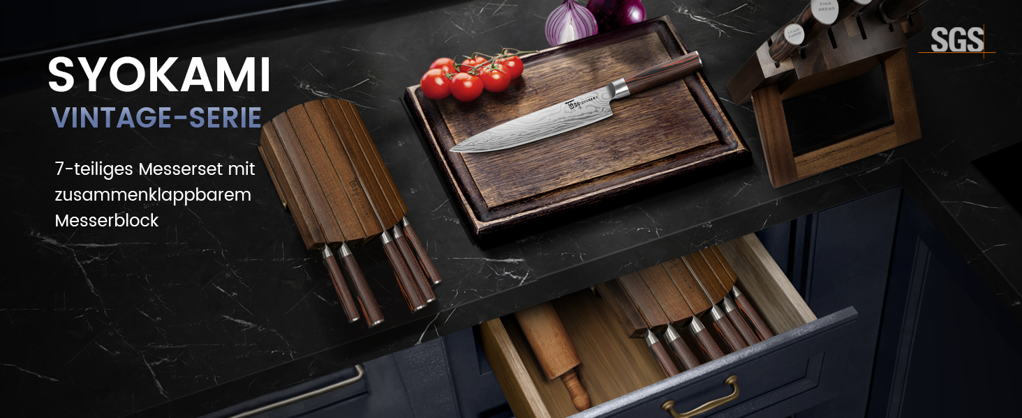 Набір кухонних ножів Messerset 7 предметів у японському стилі з магнітним блоком з акації, сталь карбонова, ергономічна ручка