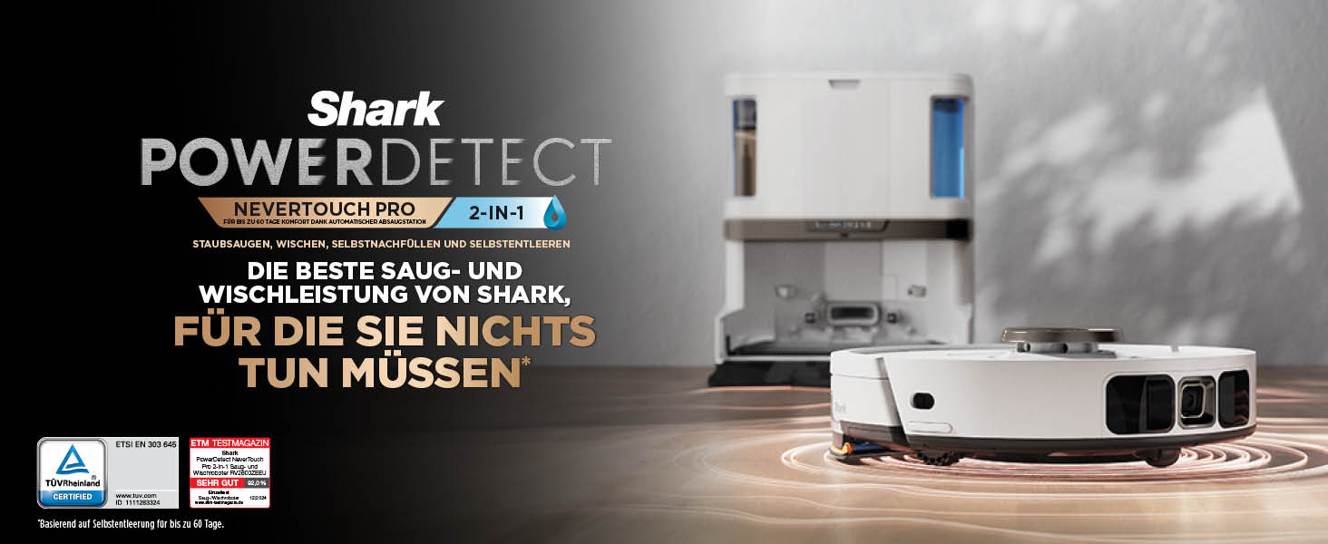 Робот-пилосос та робот-мийник Shark PowerDetect 2-в-1, NeverTouch Pro, самостійне очищення до 60 днів, 3D-LiDAR навігація, NeverStuck, керування через додаток, RV2800ZEEU, 2 щітки, Anti-Micro Pads, 1 капсула