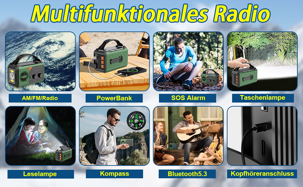 Портативне радіо Bluetooth з підзарядкою телефону, сонячне, AM/FM. 8 в 1: Powerbank, SOS, ліхтарик, компас, читальна лампа, роз'єм для навушників. Трав'яно-зелене
