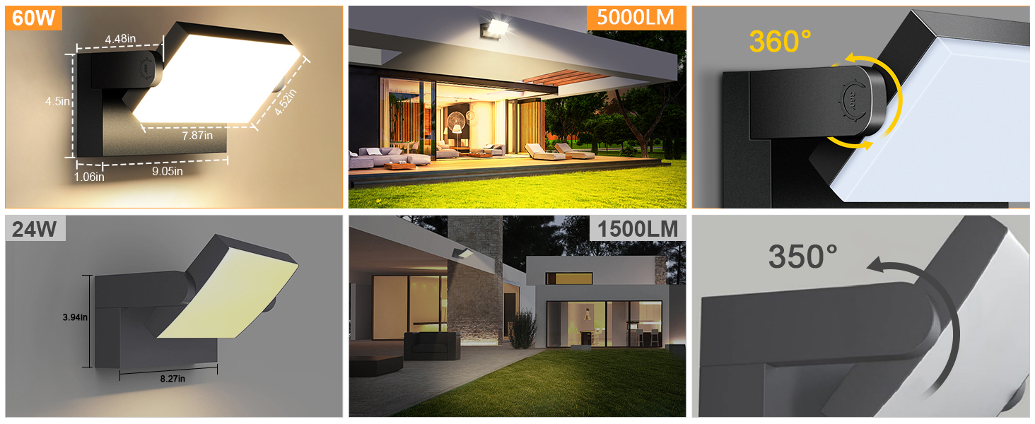 LED зовнішні настінні світильники Ledmo 60W, 5000 Лм, 360° поворот, IP65, тепле світло 3000K, білі, для тераси, входу, саду, 4 шт.