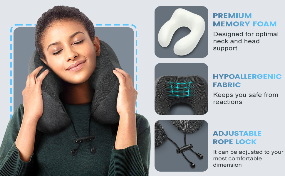 Подушка для шиї у літак - подушка для подорожей 100% Memory Foam - портативна подушка для літака - з 3D-маскою для сну та берушами - ідеальна для літака, авто, дому, офісу, подушка для сну (Сіра)