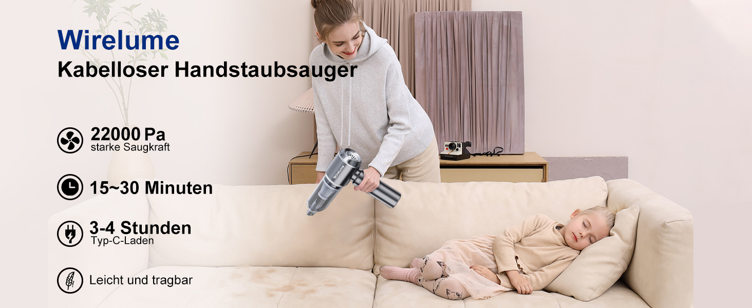 Акумуляторний портативний пилосос 4-в-1 для авто Handstaubsauger 22000 Па, темно-сірий. Потужний, з циклонною технологією, 3 режими, для шерсті тварин та автомобілів