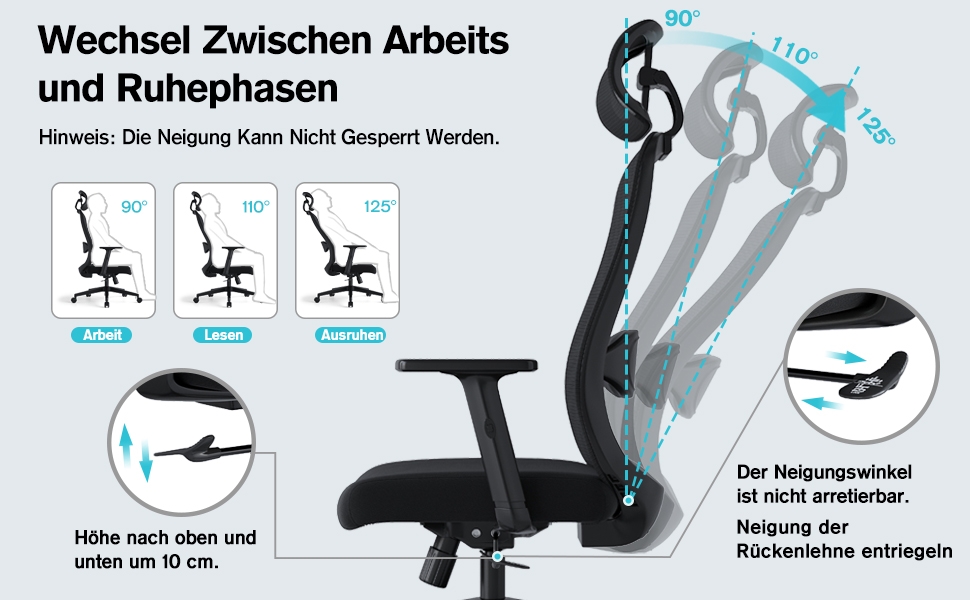 Ергономічне крісло для офісу, обертовий офісний стілець з подушкою для попереку, регульовані підголівник та підлокітники, крісло для керівника до 150 кг (Чорний)