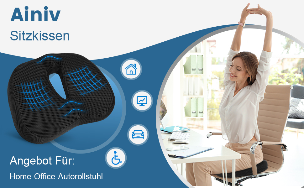 Подушка для сидіння Ainiv, ергономічна подушка з Memory Foam для офісного крісла, інвалідного візка, автомобіля (чорна)