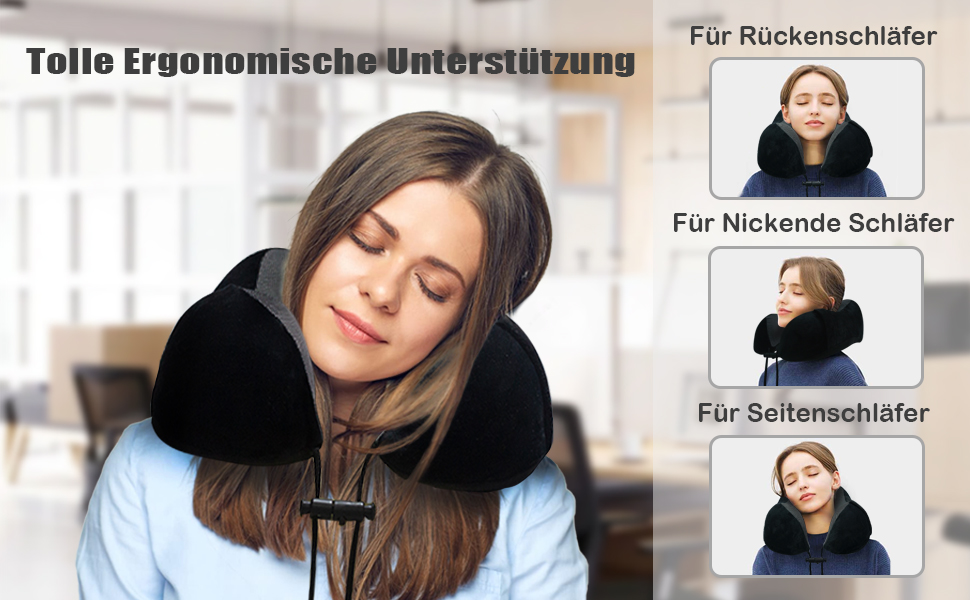 Подушка для шиї у вигляді U, Memory Foam, для подорожей, авто, офісу, дорослі, з маскою для сну та навушниками, чорна