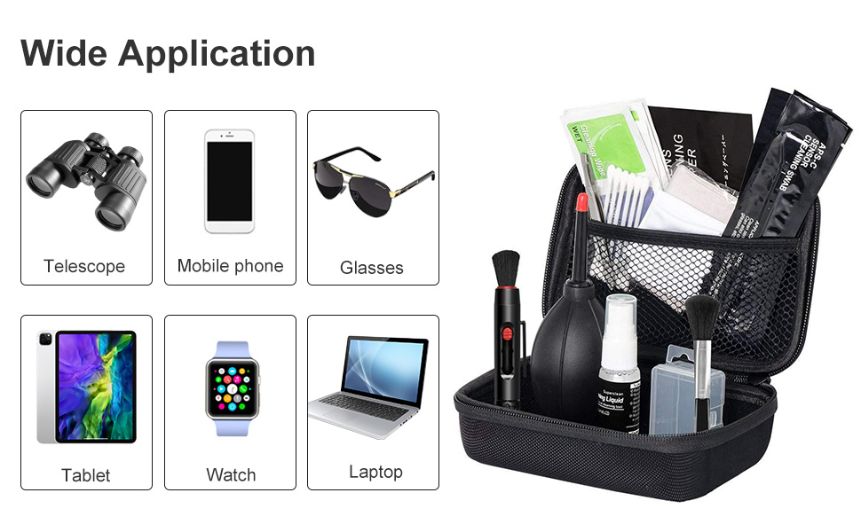 Набір для чищення камери 14-в-1: об'єктиви, фільтри, мобільні телефони. Комплектація: стилус, щітка, повітряний дюймаметр, серветка