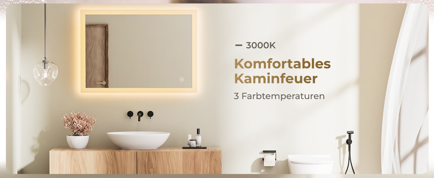 Дзеркало для ванної кімнати з підсвічуванням LED 80x60 см, регульоване, 3 кольори світла (3000K/4000K/6500K), антизапарник, вертикальна/горизонтальна установка, без збільшення 3x