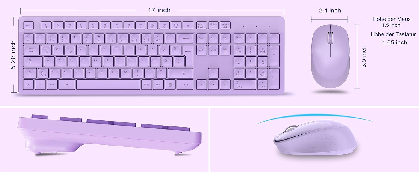 Бездротовий комплект клавіатури та миші Leadsail K786 з цифровою клавіатурою QWERTZ (Німецька) - тиха клавіатура, 2.4 GHz, USB Nano приймач для ПК/ноутбука (фіолетовий)