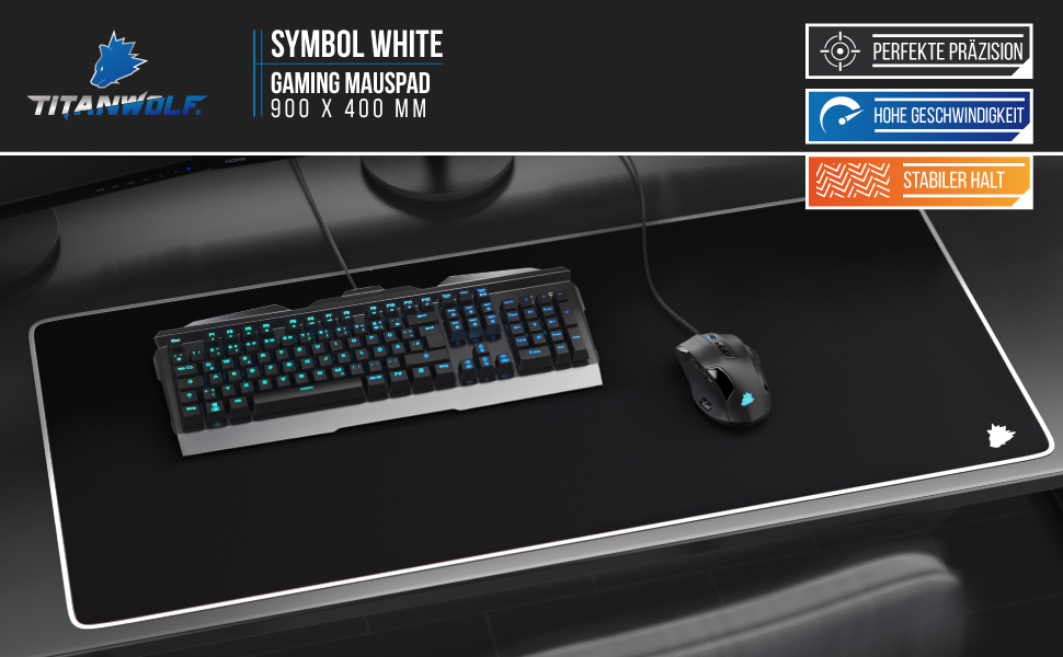 Килимок для миші TITANWOLF XXL Speed - 900 x 400 мм - великий розмір, з мотивом TITANWOLF, покращена точність та швидкість, антиковзкий, зносостійкий