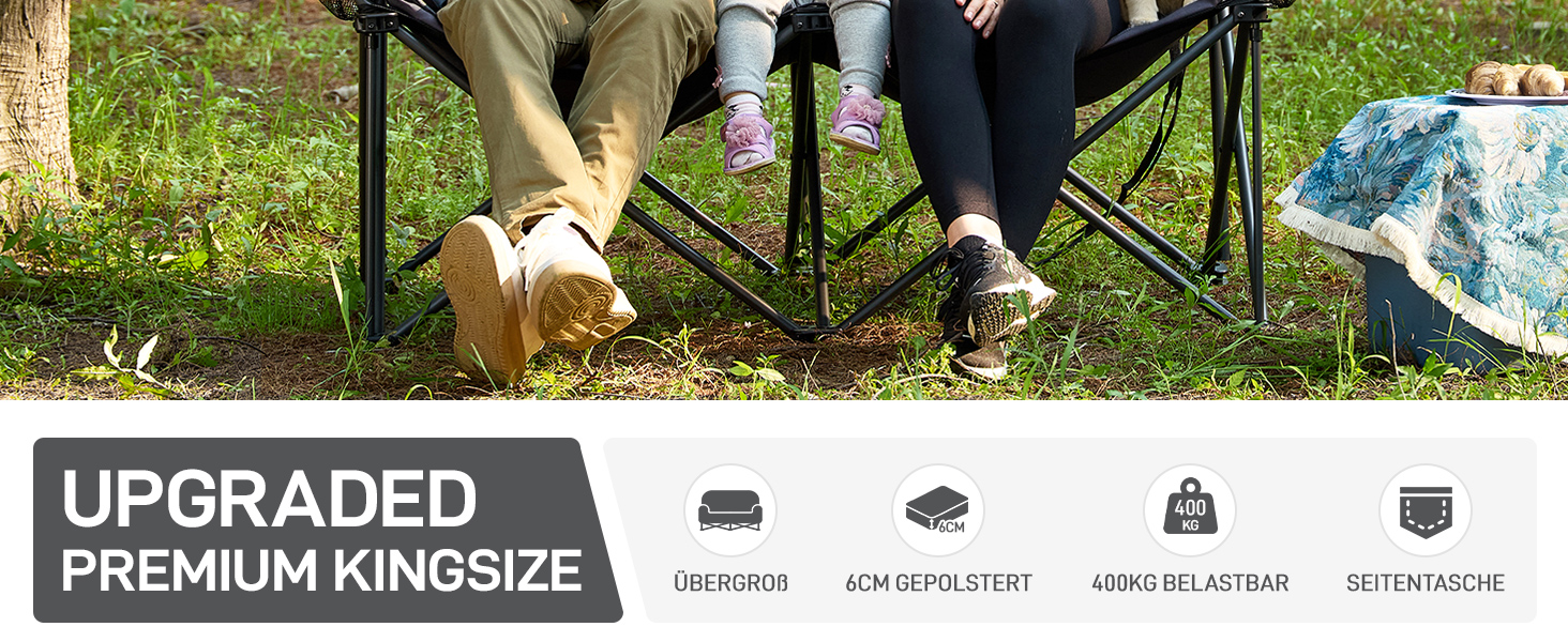 Кампінговий стілець-ліжко EVER ADVANCED для двох осіб, 145 см, сірий, до 400 кг, з високою спинкою, для саду, балкону, кемпінгу