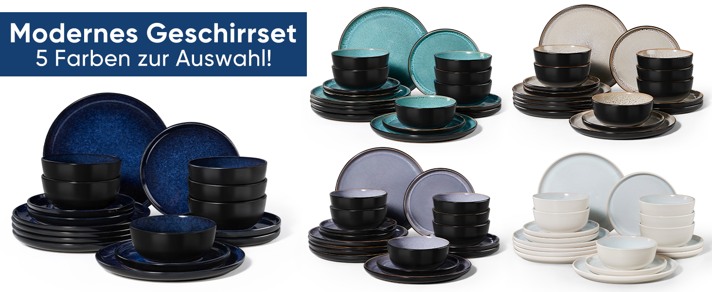 Набір посуду HaWare на 6 осіб, 18 предметів: тарілки з реактивної глазурі, комплект посуду для сервірування столу (Edelblau)