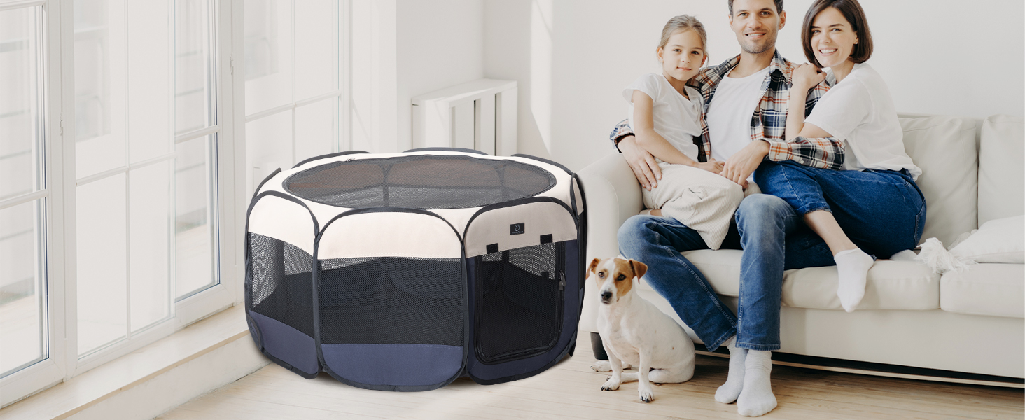 Клітка-вигул для цуценят та котів 4 Pet, складана, для дому та вулиці, з мискою, блакитно-біла