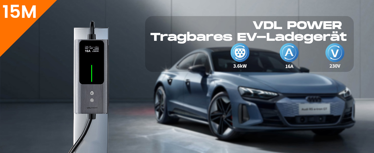 Кабель для зарядки електромобіля Type 2 Schuko, 3.68kW, 6-16A, 5м, 1-фазний, з цифровим дисплеєм, IP65, IEC 62196-2 PHEV/EV