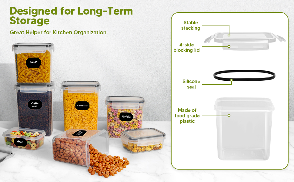 Набір контейнерів для продуктів на 20 штук з кришкою, герметичні, BPA-free, з етикетками, для зберігання круп, борошна, мюслі, кухонний органайзер