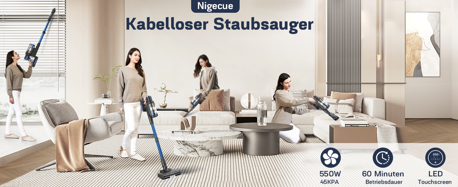 Бездротовий пилосос Nigecue 550W з акумулятором, 45000Pa, 60 хвилин роботи, Smart-дисплеєм, антизаплутувальною щіткою та контейнером 1.5L. Ідеально підходить для твердих підлог, килимів та видалення шерсті тварин.