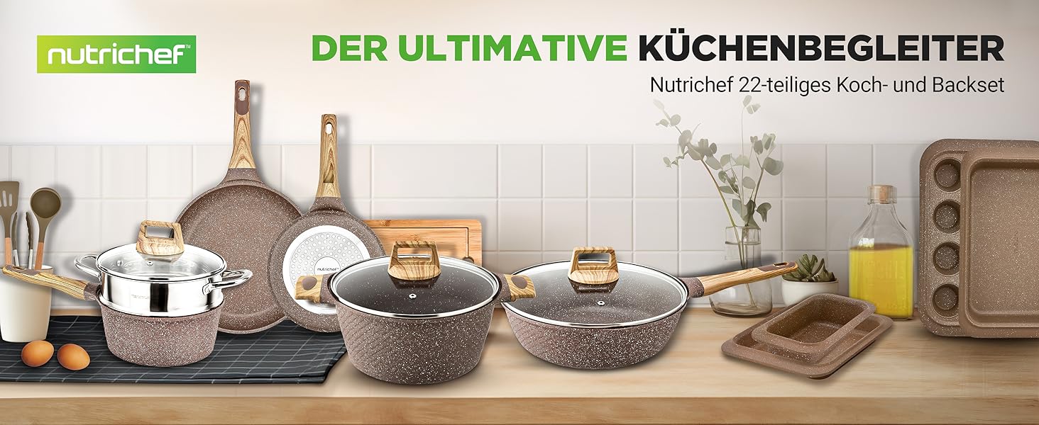 Набір посуду NutriChef Сандбраун 22 предмети з антипригарним мармуровим покриттям: сковороди, каструлі, кухонні прилади, форма для випічки, рукавиці, для індукційних плит, посудомийна машина
