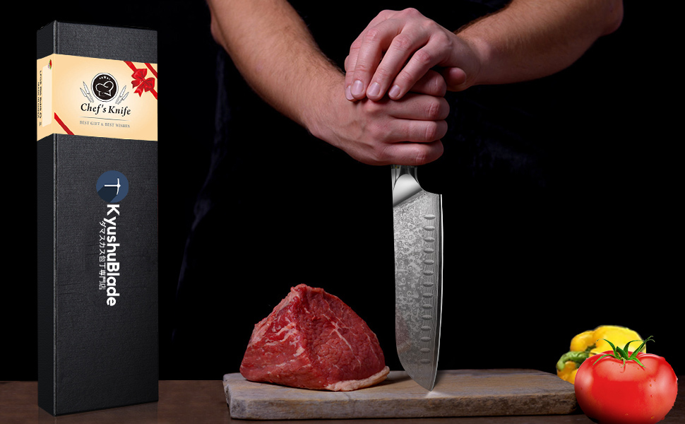 Японський ніж Santoku Kyushublade з дамаської сталі (67 шарів), з унікальною ручкою з карбону та золота, професійний кухонний ніж