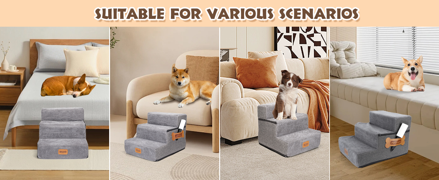 Східці для собак Nobleza: 3 сходинки для маленьких собак, котів, на ліжко, диван. З роликом для шерсті