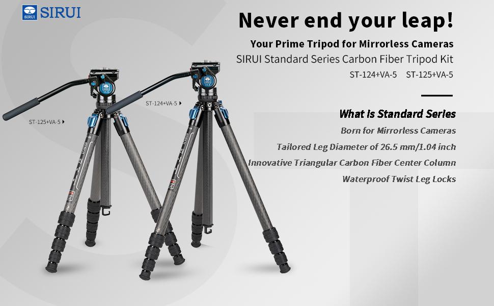 Штатив SIRUI ST-124+VA-5 з відеоголовою для панорамної зйомки, з карбонового волокна, для DSLR-камер, 4 секції, висота до 166 см, навантаження до 3 кг