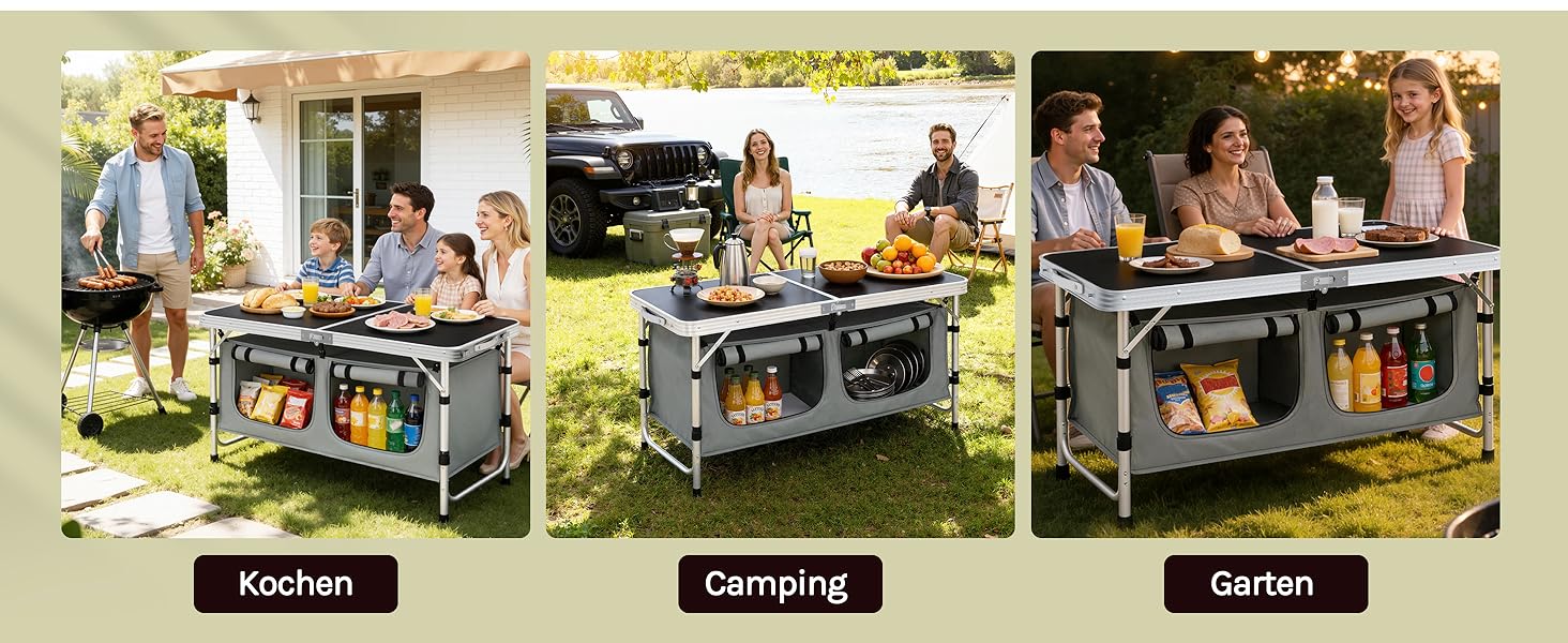 Складний алюмінієвий кемпінговий стіл-шафа WOLTU з регульованою висотою, чорно-сірий. Меблі для пікніка, пляжу, саду.