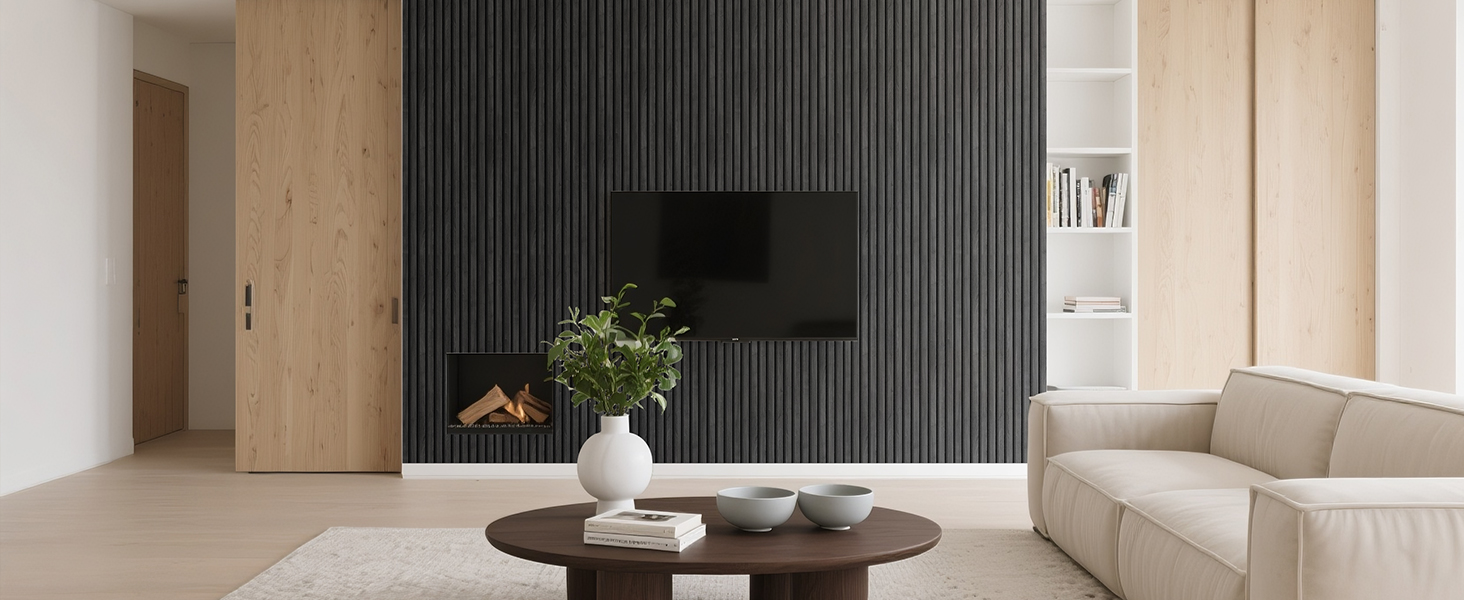 Акустичні панелі з дерев'яного шпону самоклеючі, набір 2 шт (100x52 см), звукопоглинаючі стінові панелі для шумоізоляції та декору вітальні, офісу (Чорний)