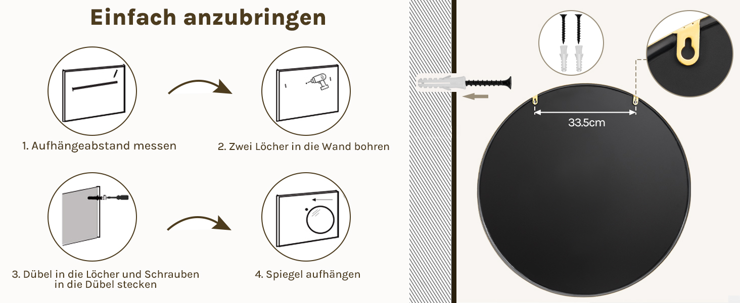 Круглий настінний дзеркало WOLTU 40 см з рамою, для ванної, спальні, вітальні, коридору, декоративний, з металу, скла, MDF, з гачком, 81x81 см, золотий