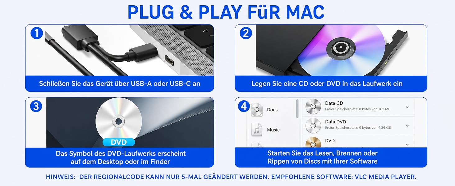 Зовнішній USB 3.0 Type-C CD/DVD привід-записувач (DVD +/-RW), портативний для ноутбука, ПК та Mac (Windows, Linux, macOS), чорний