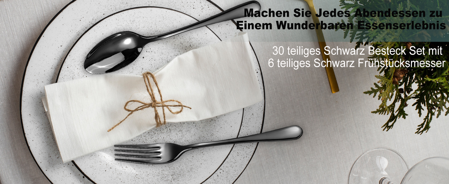 Набір столових приборів на 6 осіб, Targzier, 36 предметів, нержавіюча сталь, з ножами для стейка, преміум-якість, для сім'ї/вечірки/готелю, чорний колір, придатний для миття в посудомийній машині