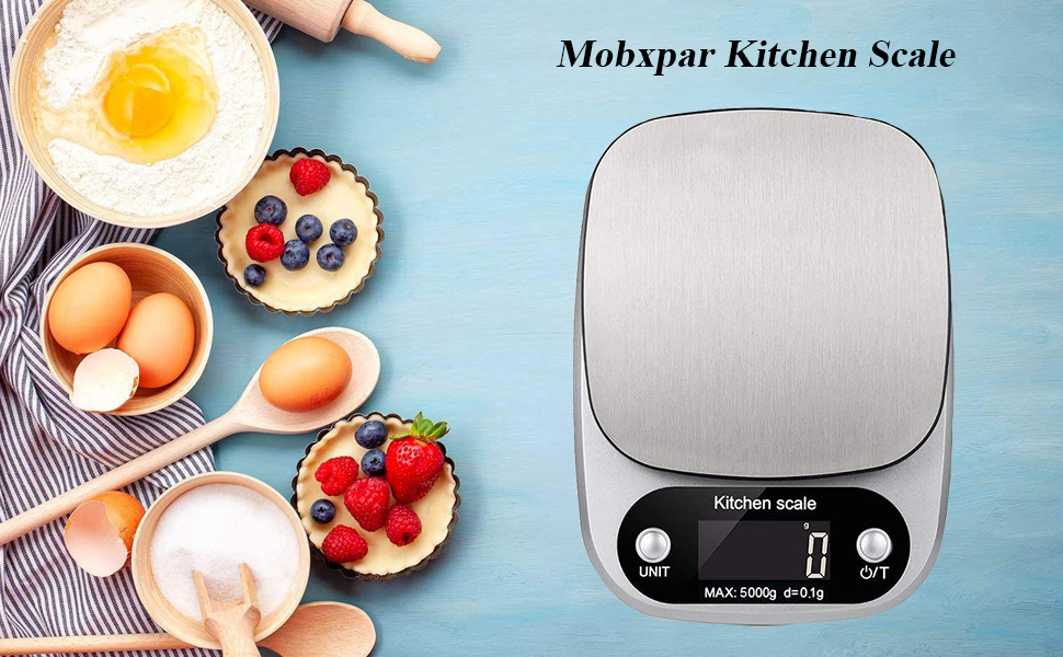Кухонні ваги Mobxpar: електронні, з нержавіючої сталі, прецизійні (0,1г), до 5кг, з функцією тарування