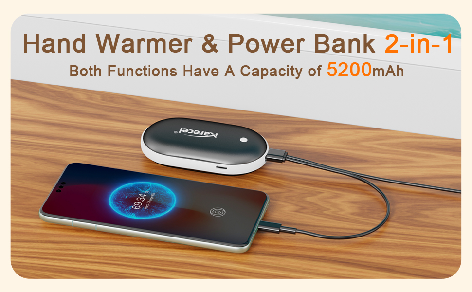 Електричний грієчка для рук Karecel 2 шт., 10400mAh, Powerbank, двосторонній нагрів, для чоловіків та жінок, чорний