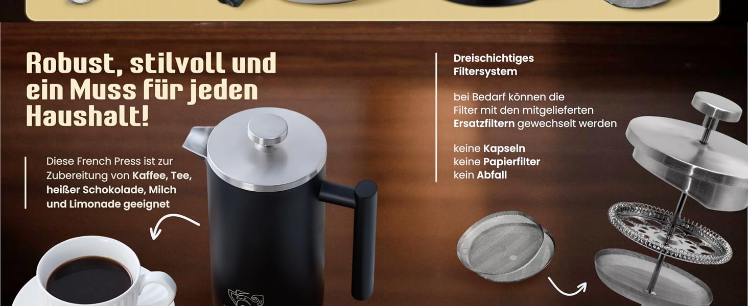 Набір для приготування кави френч-прес, термоізольований, з пітчером для спінювання молока, нержавіюча сталь (чорний, 1 літр)