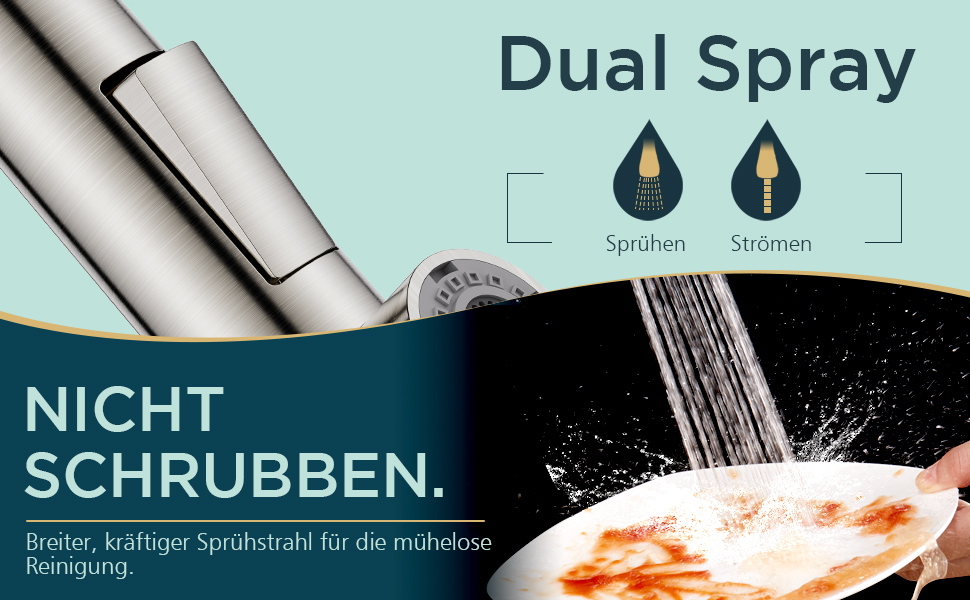 Змішувач кухонний FORIOUS з висувною лійкою та душем, 360° обертання, 2 режими, нержавіюча сталь