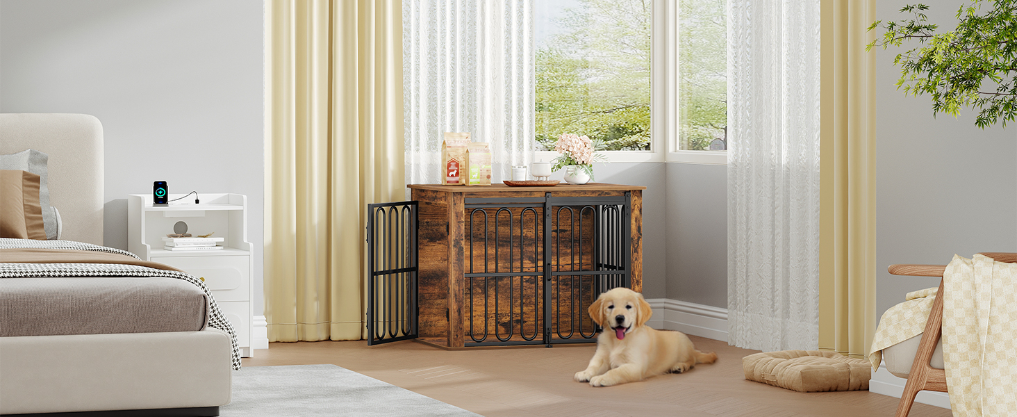 Дерев'яний вольєр для собак, 81 см, вольєр-стілець для дому, 2 двері, розсувні, для маленьких та середніх собак, міцний, 81 × 55 × 62,4 см, білий (коричневий)