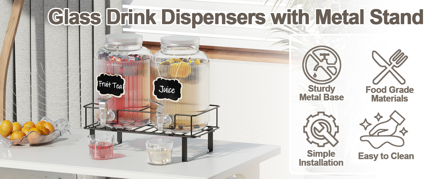2 шт. скляні диспенсери для напоїв на 4 л з краном, металевий стійка та мірний стакан, для соку/коктейлів/трав'яного чаю, диспенсер для соку на вечірки та весілля