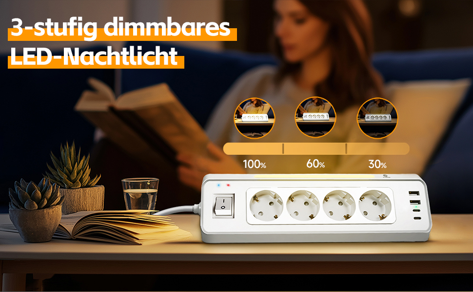 Кутова розетка для кухні Ecksteckdose, 4-портова з 2 USB та 2 Type-C, 3680W/16A з LED, захистом від перенапруги, економна для дому, офісу, кухні, настінний монтаж, кабель 2м білий, 4-портова