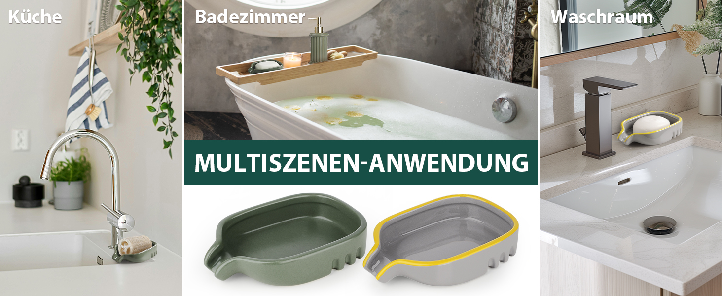 Керамічна миска для мила BosilunLife з отвором для стоку води – неслизька підставка для мила, квадратна, сучасна та мінімалістична, для ванної кімнати, душу, кухні, умивальника (Сірий, Зелений)