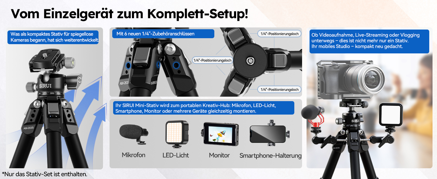 Штатив SIRUI AM-203S: компактний міні-штатив з алюмінію для DSLR, Vlogging, настільний, 15кг, 42см