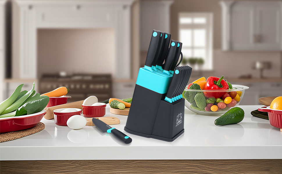 Набір кухонних ножів FIVE COWS (14 предметів) з автоматичним точильним, з ножем для стейку та ножицями, антиокислювальне покриття, професійний набір для дому (зелений)