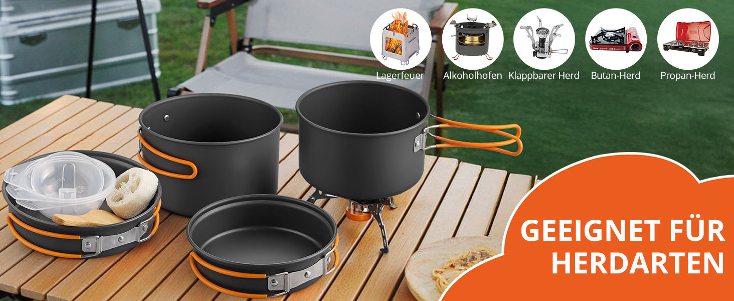 Набір посуду для кемпінгу FunyKich 17 предметів: каструлі, сковорідки, чашки, столові прибори. Підходить для 2 осіб, пікніків та походів.