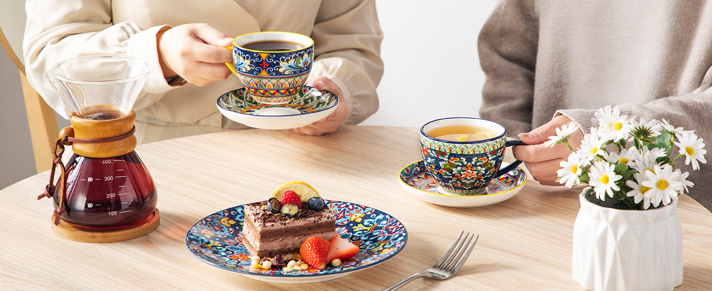 Набір кавових чашок капучино Vancasso SIMI (6 шт.) з блюдцями, 240 мл - фарфоровий посуд для 6 осіб, мікрохвильова піч, богемський стиль