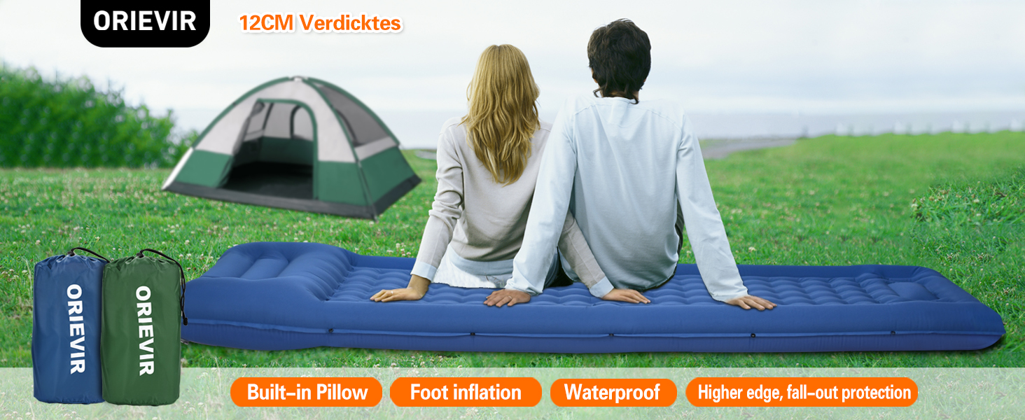 Isomatte ORIEVIR для кемпінгу та подорожей: товста 12 см, з подушкою та насосом, ультралегка, зелена