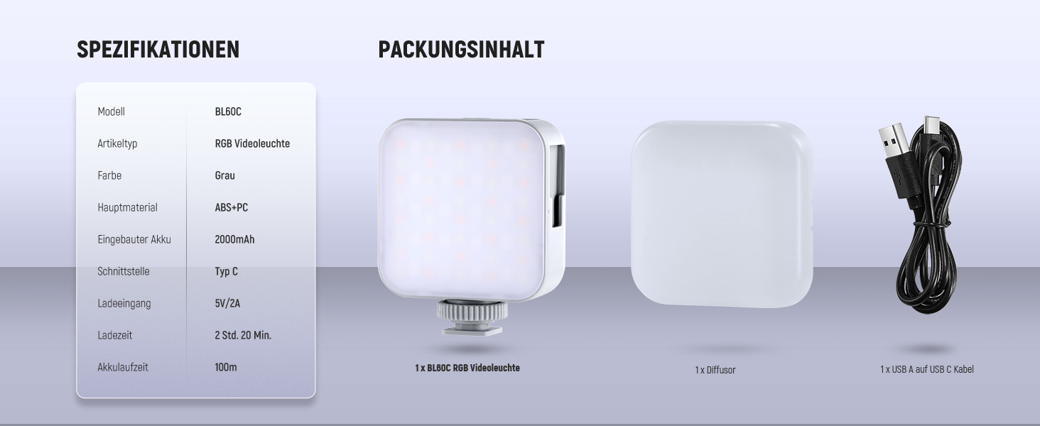 NEEWER BL60C LED-панель для відеозйомки: RGB, 8W, 2700K-7500K, портативна, з акумулятором 4000mAh, метал, CRI 97