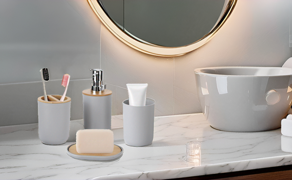 Набір аксесуарів для ванної кімнати на 4 предмети: тримач для зубних щіток, мильниця, дозатор для лосьйону, стакан для ополіскувача, сучасне оздоблення для дому та готелю (сірий)