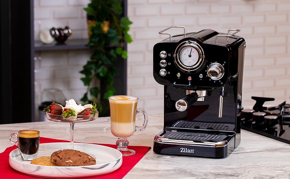 Zilan Espresso Machine with Milk Frother | Semi-Automatic Espresso Machine | Cappuccino Machine | Portafilter Coffee Machine | 1.25 L Water Tank | 15 bar | Retro Design