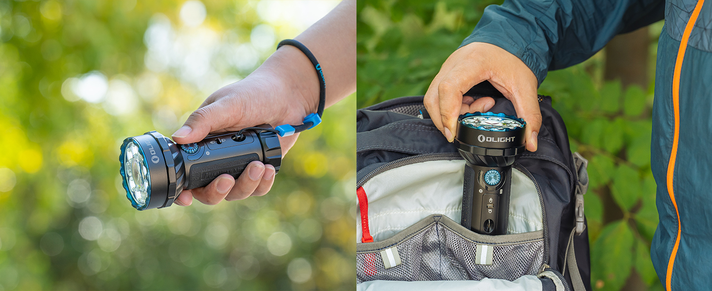 OLIGHT Marauder Mini LED ліхтар Super Hell 7000 Lumen, 600 метрів, перезарядна модель з прожектором та світловим потоком, 3 кольори LED з датчиком відстані, для активного відпочинку (чорний)