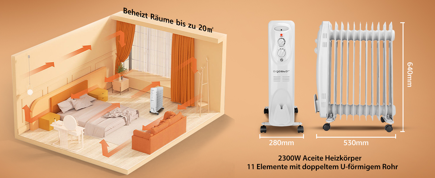 Електричний масляний радіатор Aigostar Pangpang 2300W, 11 секцій, з термостатом та 3 рівнями нагріву, мобільний обігрівач